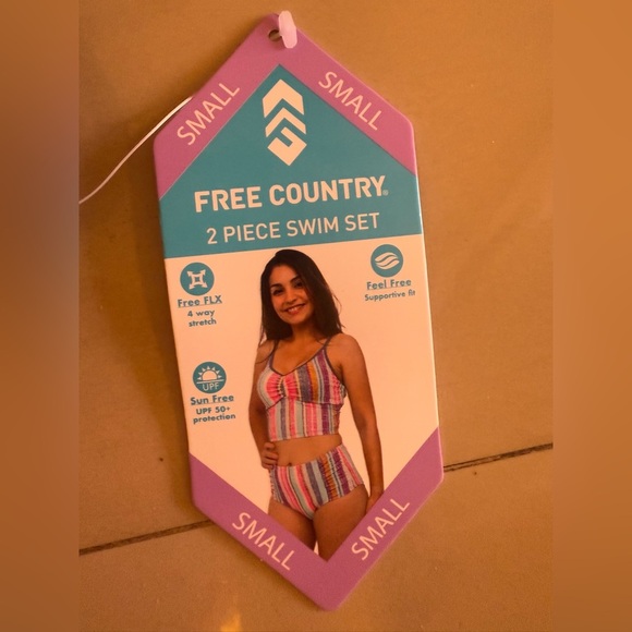 Free Country Striped Retro Bikini Swimsuit front High Waist High Cut Legs S-4/6 - Picture 8 of 14